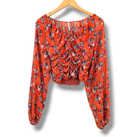 Free People Floral Print Long Sleeve Crop Top Ruched XS Orange Blue Bohemian - Picture 1 of 10